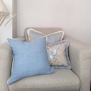 Linen pillow cover, Blue pillow with trim, Hamptons style coastal pillows, Linen cushion covers, Designer throw cushions, Linen pillowcase