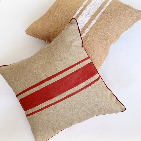 Linen grain sack pillow with trim Red Grainsack Canvas Pillow grain sack