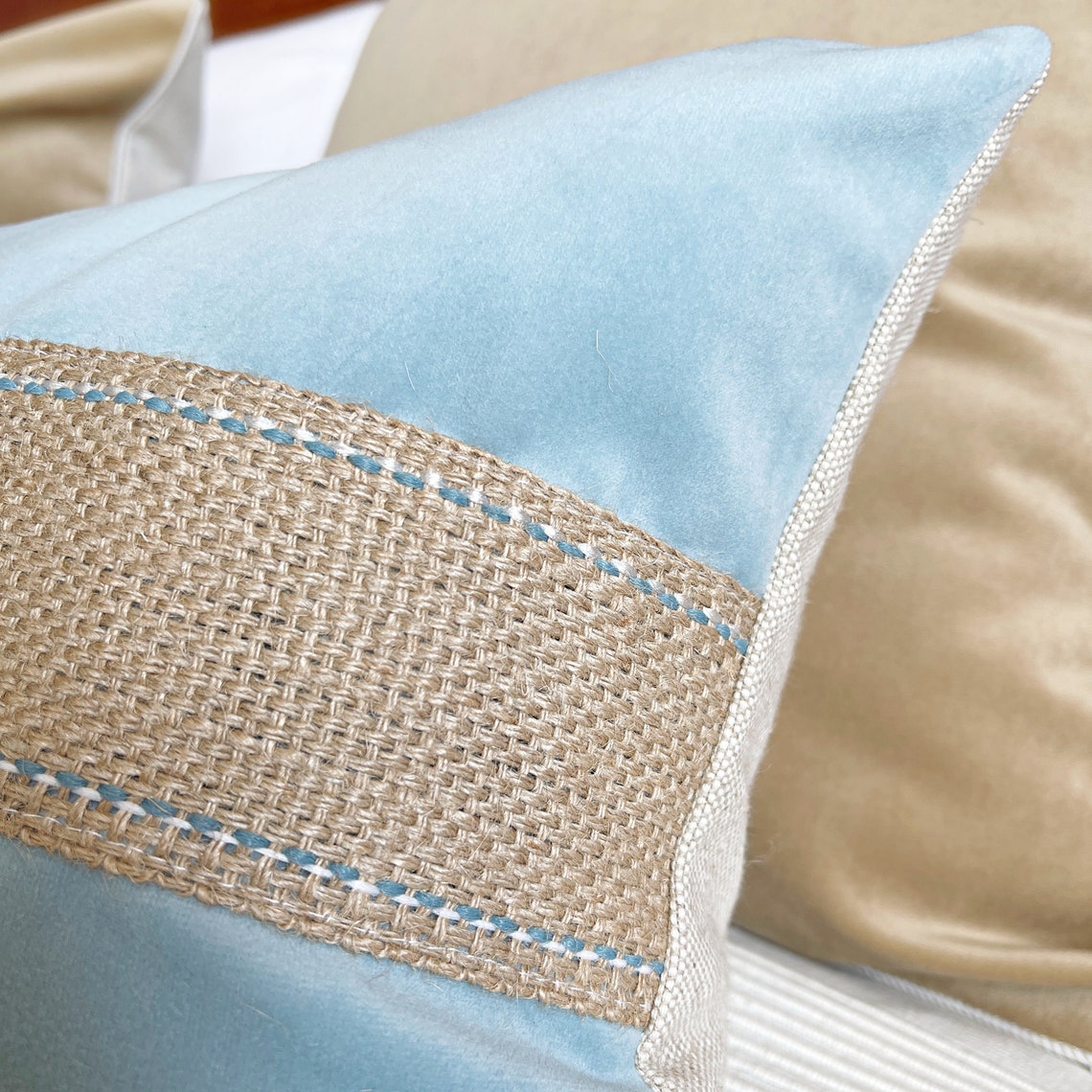 Sky blue velvet lumbar pillow cover Velvet pillow with jute Etsy