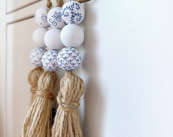 Hangkwastjes met 3 deurkralen, marineblauwe en witte chinoiserieornamenten, ladetrekkers in Hamptons-stijl, cadeau kwastje chinoiseriedeurknop
