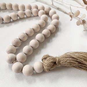 Whitewashed wooden beads garland with monkey fist knob tassel, Oversized wood bead garland with long tassel, Coastal farmhouse beads hanging