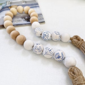 Chinoiserie bead garland with tassels, Blue and white coffee table garland, Wooden bead garland, Eclectic side table decor, Decorative beads