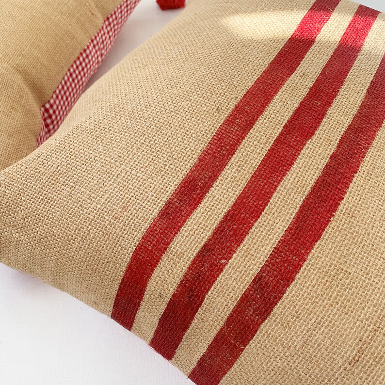 Grain sack pillow with tassels Red tassel cushion cover Etsy