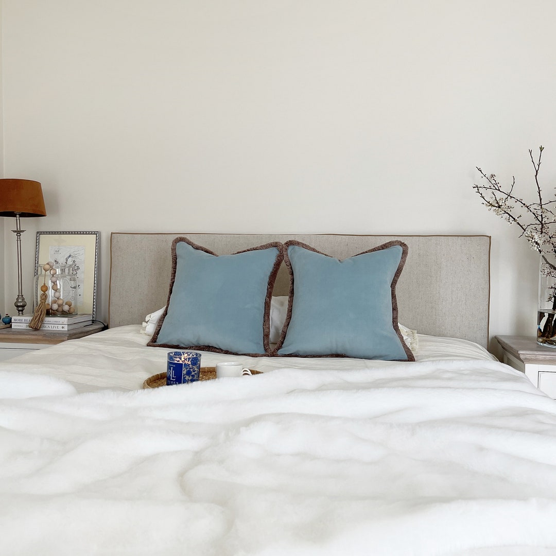 Light Blue Throw Pillow Cover, Taupe Fringe Pillow Case, Blue Pillow