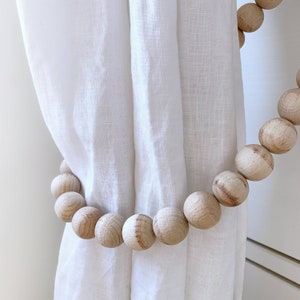 2 beach curtain ties with farmhouse beads, Whitewashed wooden bead garland set, Light curtain tie backs for neutral nursery, Curtain holders