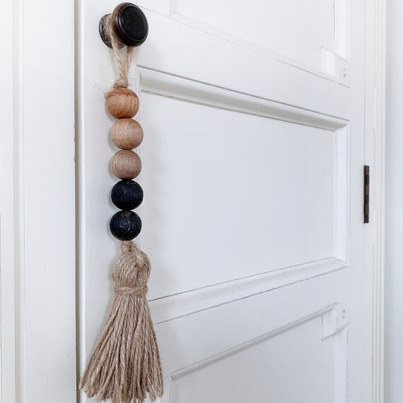 4 Modern Farmhouse Beads For Drawer Pull Tassels Hygge Decor For Wooden Door Knob Hanger Black Wooden Bead Garland Jute Door Knob Tassel