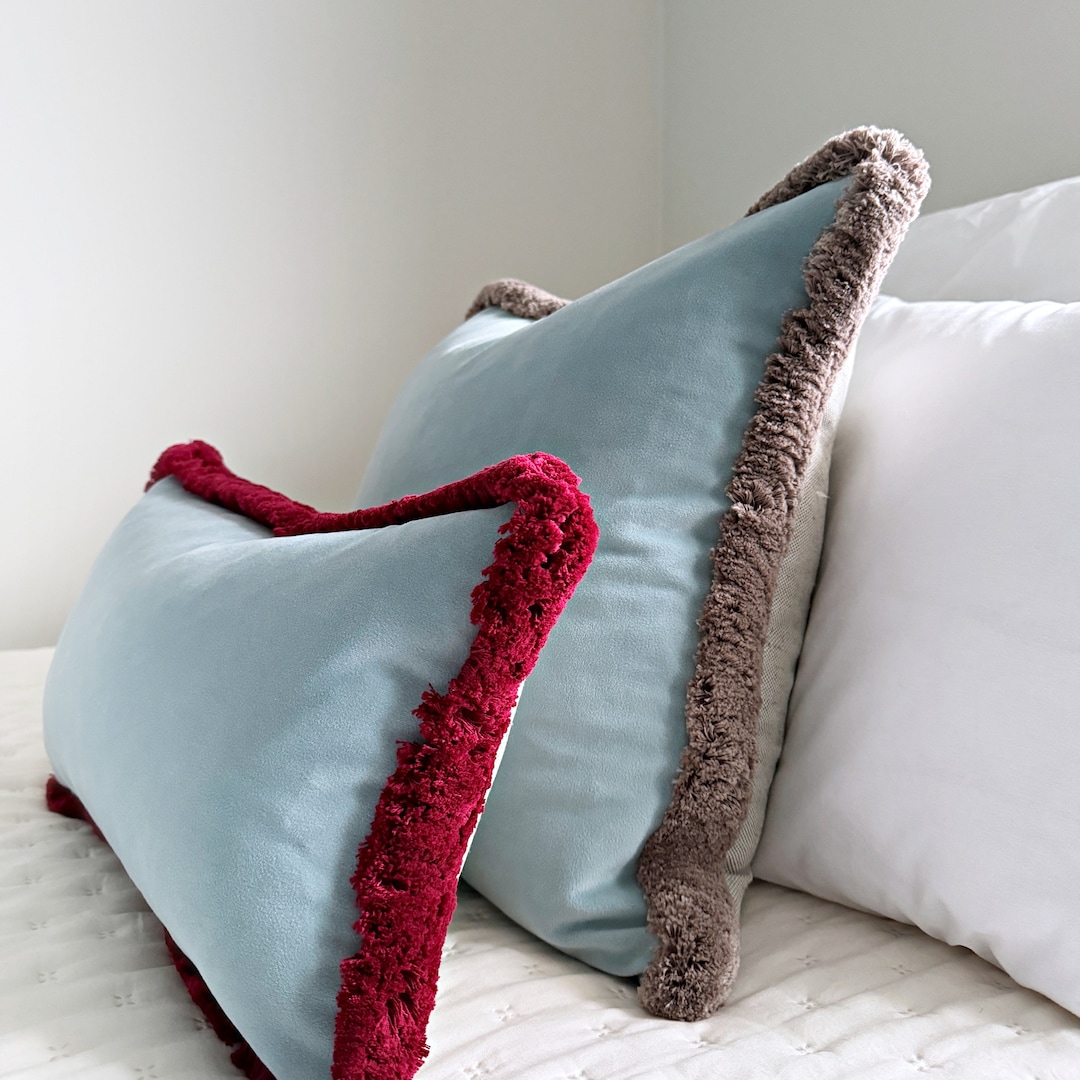 Light Blue Velvet Pillow Cover With Fringe, Sky Blue Lumbar Velvet