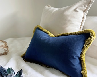 Funda de almohada azul oscuro con flecos, funda de cojín de terciopelo azul y verde, funda de almohada con flecos de cepillo, funda de almohada lumbar o euro