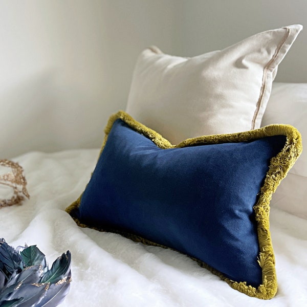 Dark blue pillow cover with fringe, Blue and green velvet cushion cover, Brush fringed pillow cover, Lumbar or Euro pillow cover