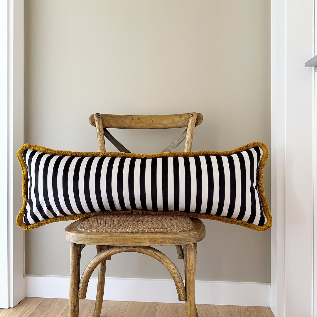 Black and White Striped Velvet Lumbar Pillow Cover With Gold