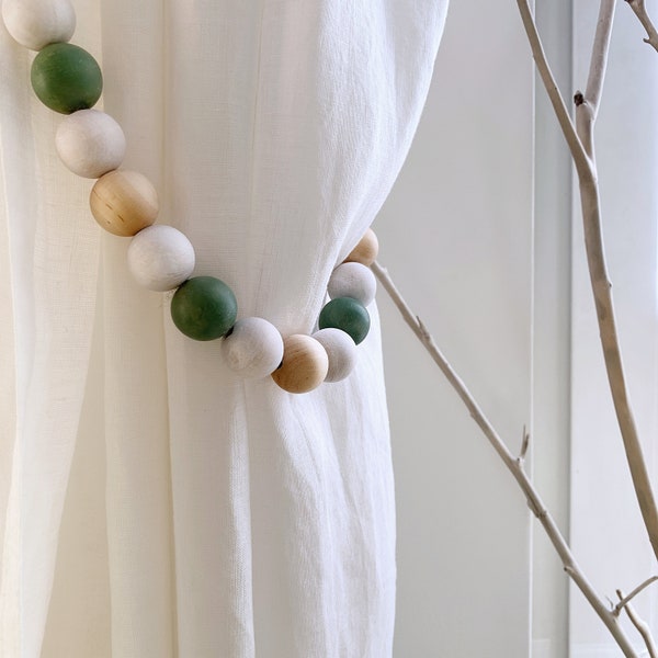 2 Sage green beaded curtain tiebacks, Wooden beads curtain ties, Woodland nursery window treatment, Gender neutral gift, Country boys room