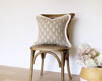 Damask Pillow Cover: Pale Chocolate Linen Cushion with Brush Fringe