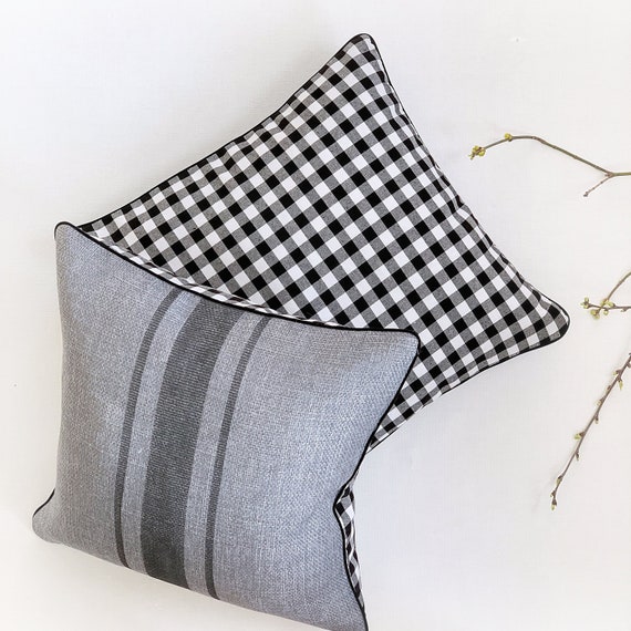 Gray Grain Sack Pillow Cover Burlap Pillows With Black White Etsy