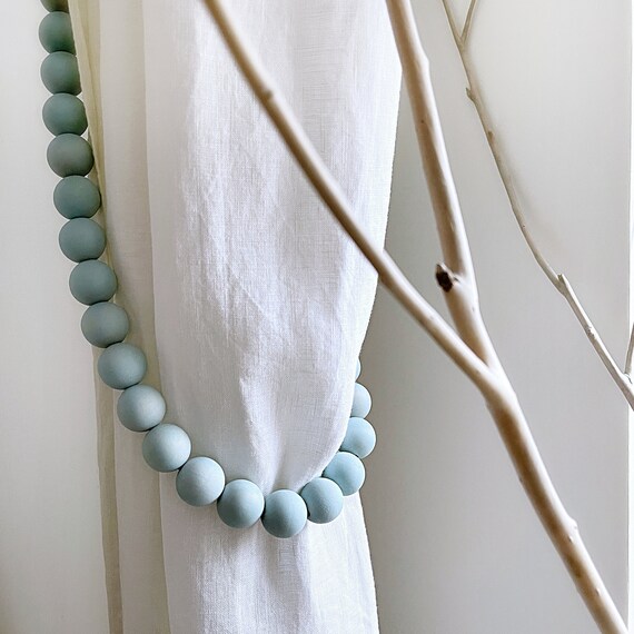 Aegean Teal Wood Bead Curtain Tiebacks Pale Aqua Blue Wooden Etsy
