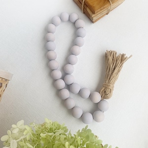 Scandinavian pale gray wood bead garland, Modern Boho beads with tassel, Coffee table beads, Light grey wooden beaded tassel, Beads garland