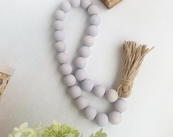 Pale Gray Wood Bead Garland: Scandinavian Boho Tassel Decor