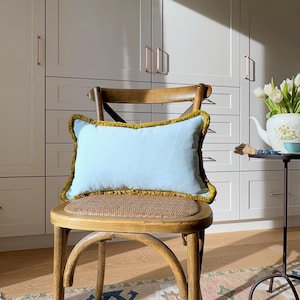 Pistachio green fringed velvet pillow cover, Sky blue velvet pillow cover with fringe, Light blue and green throw pillow cover
