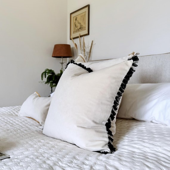 Ivory Velvet Pillow Cover With Black Tassels: Italian Upholstery
