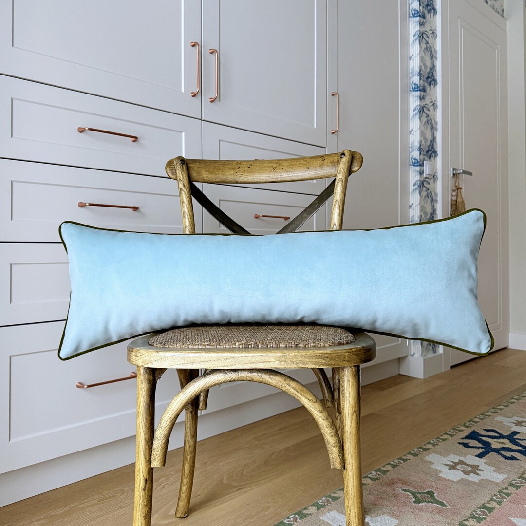 Light Blue Pillow Cover With Piping, Piped Baby Blue Velvet Pillow