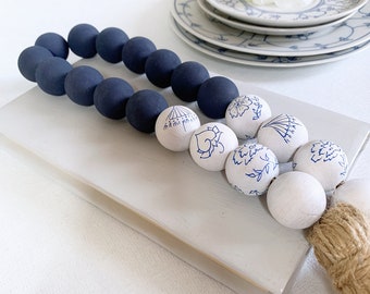 Chinoiserie decorative beads with tassel, Hamptons style blue white wooden bead garland, Coastal beaded tassel, Navy blue coffee table beads