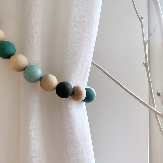 Fermatenda In Legno Naturale - Set Di 2 Con Perline E Ganci, Per Finestre, Stile Rustico O Moderno - Foto 9