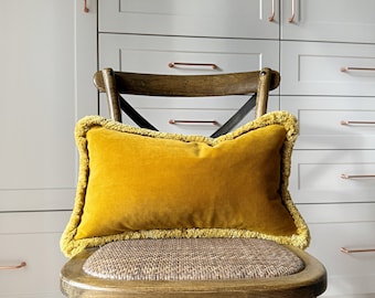 Mustard yellow velvet pillow cover, Whimsical soft Italian velvet throw cushion with fringe, Fringed dark cheddar yellow lumbar pillow cover