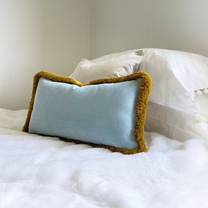 Sky blue velvet pillow cover with antique gold fringe, Brush fringed light blue lumbar cushion cover, King bed velvet Euro sham pillow cover