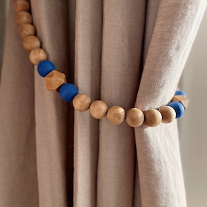 Dark wood beads curtain tiebacks, Wooden beaded curtain ties with blue accent, Modern traditional drapery holders, Linen curtain tie backs