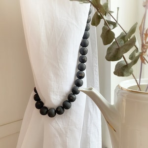 Modern farmhouse bead curtain ties, Black distressed wood beads garland for window treatment, Rustic decor, Chippy beaded curtain tiebacks