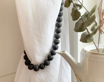 Farmhouse Black Distressed Wood Bead Curtain Tiebacks: Rustic Window Decor