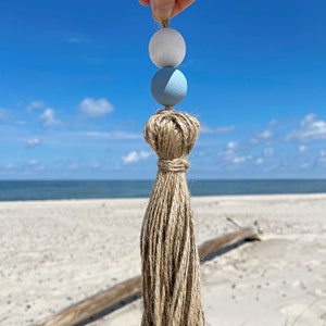 Juego de 3 borlas de cuentas de madera de lino azul - Decoración bohemia para pomo de puerta