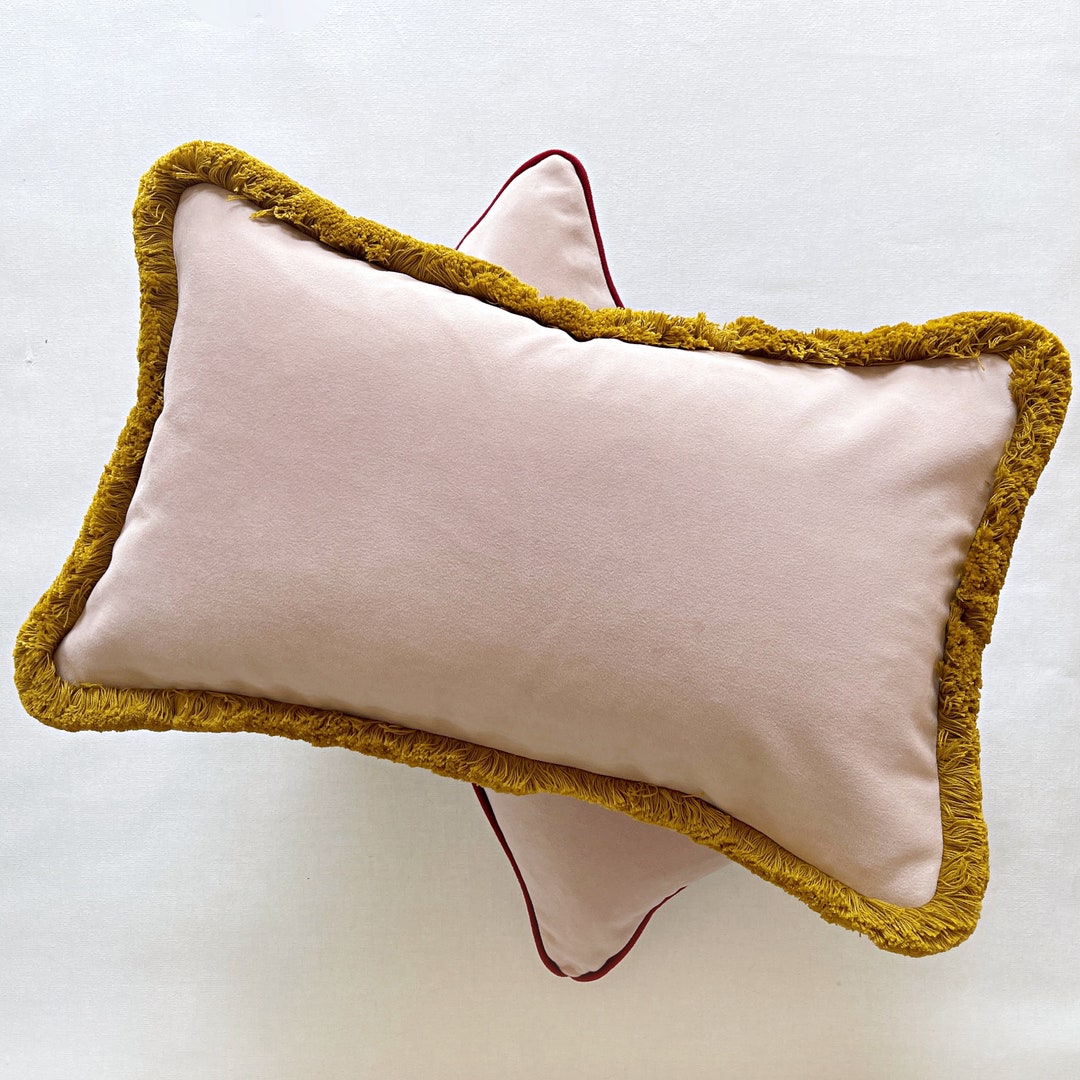 Pale Pink Pillow Cover With Fringe Light Rose Velvet Lumbar Etsy UK