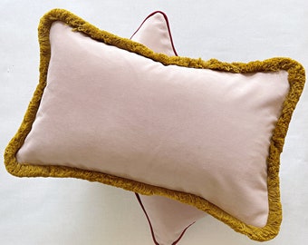 Pale Pink Velvet Lumbar Pillow Cover: Antique Gold Fringe