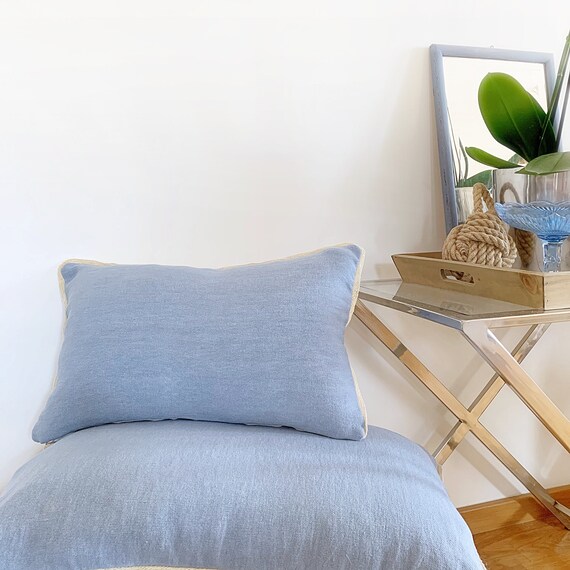 Light Blue Pillow Cover With Trim Linen Lumbar Pillow for Bed 20x12 Coastal Cottage Throw Pillow Case Hamptons Style Linen Cushion Cover Etsy