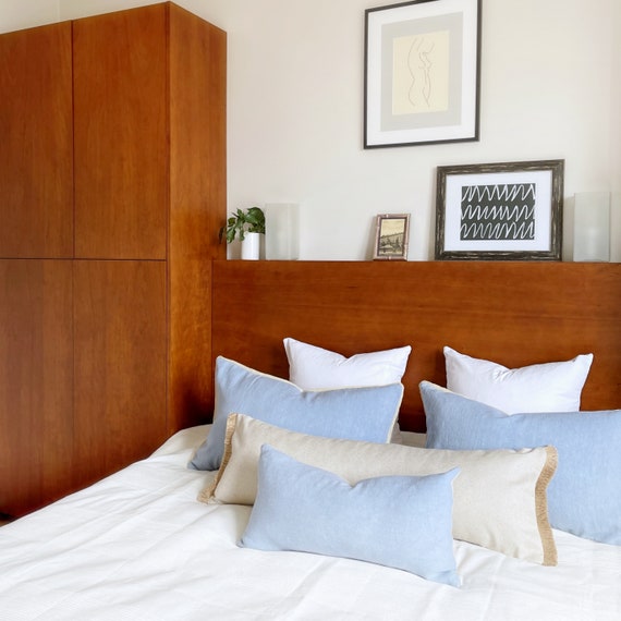 Copricuscino azzurro con finiture, cuscino lombare in lino per letto 20x12,  federa per cuscino da tiro in cottage costiero, fodera per cuscino in lino  in stile Hamptons -  Italia