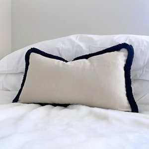 Ivory velvet pillow cover with dark blue fringe trim, Fringed lumbar velvet pillow cover, Cream white and blue soft throw cushion cover