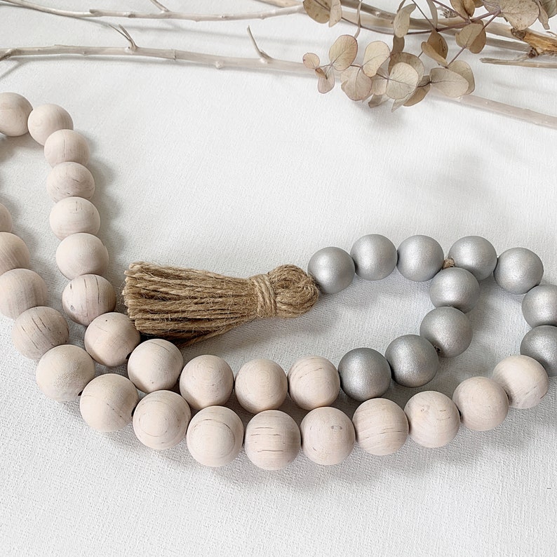 Silver and Whitewash Wooden Beads With Tassel Coastal Etsy