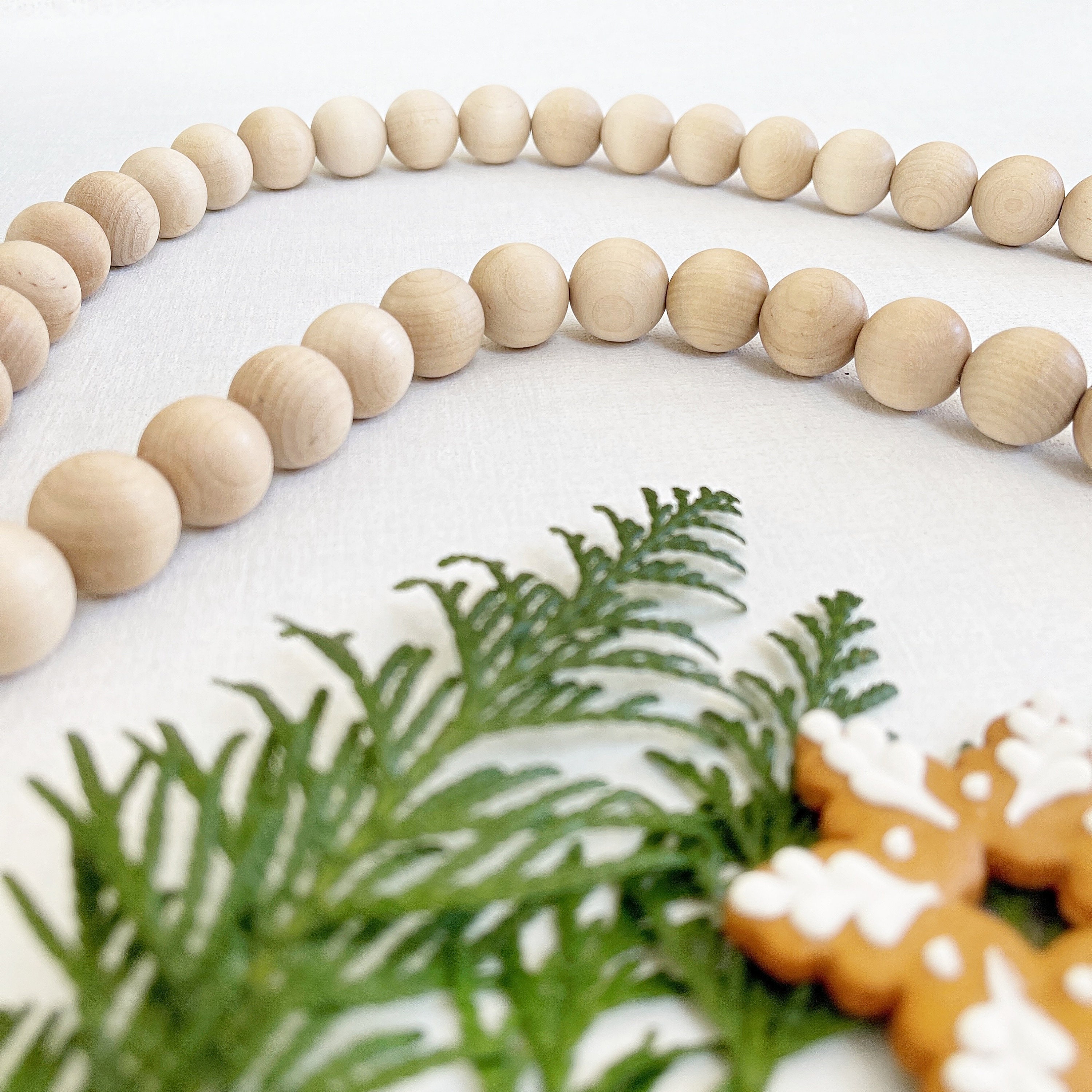 Waxed Wooden Beads Garland for Christmas Tablescape, Scandinavian