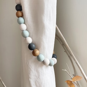 2 Curtain holdback for beach themed room, Teal blue and stained wooden beads curtain ties, Eco friendly wood curtain tiebacks in home office