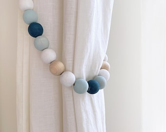 Coastal themed curtain ties, Ocean blue curtain decor, Wooden bead garlands for window treatment, Beaded curtain tie backs, Drapery tiebacks