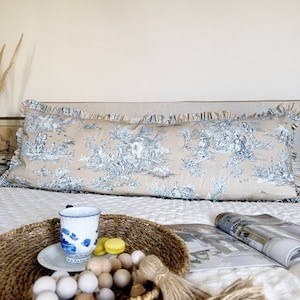 Taie d'oreiller de style campagnard français, housse d'oreiller à volants Toile de Jouy, grande taie d'oreiller lombaire, long coussin lombaire bleu et beige
