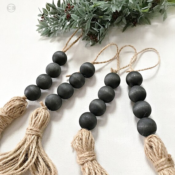 Modern Farmhouse Bead Garland Set Bohemian Drawer Knob Decor With Jute Tassel Black Barn Door Accent Decoration Housewarming Hygge Gift