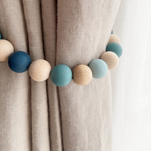 Teal green beaded curtain ties, Dark petrol and aqua blue wooden beads curtain tie backs, Ocean palette drapery holdbacks, Curtain tiebacks