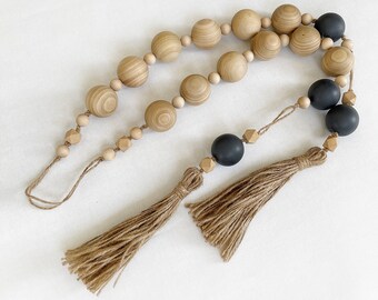 Large Wooden Bead Garland: Cherry Wood Wall Hanging with Jute Tassels
