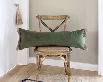 Smoky Green Velvet Lumbar Pillow Cover: Oversized Jute Fringe Cushion