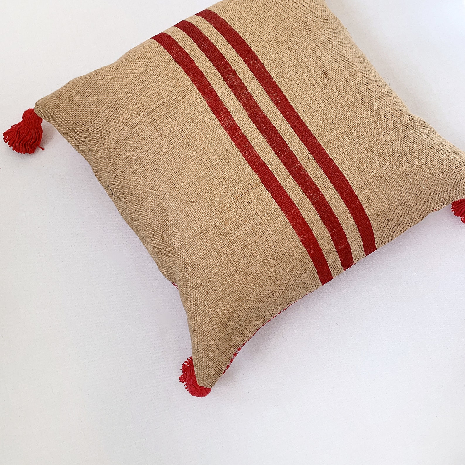 Grain sack pillow with tassels Red tassel cushion cover Etsy