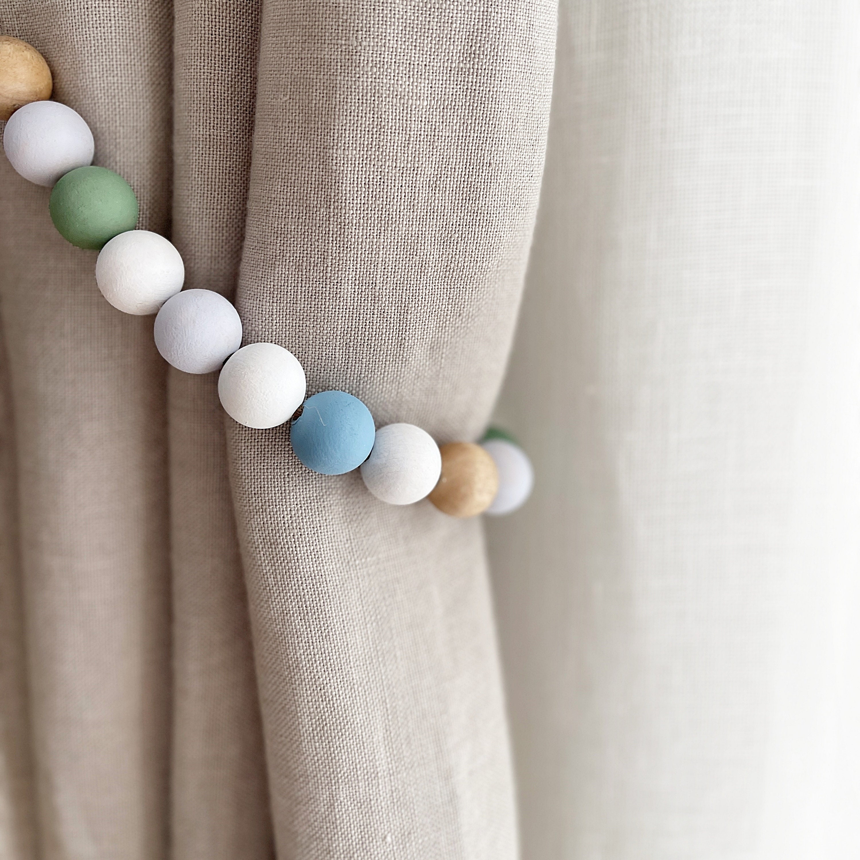 Cottage garden colors curtain tiebacks, Linen blue and lavender curtain tie backs, Pastel nursery drapery holders, Wooden beads curtain ties