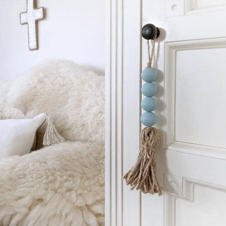 4 Sea Glass Blue Door Knob Hangers Quiet Please Door Tassels Etsy