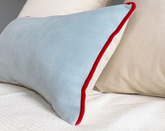 Sky blue velvet lumbar pillow cover, Baby blue velvet pillow with red velvet piping cord, Light blue pillow gift, Lumbar throw cushion cover