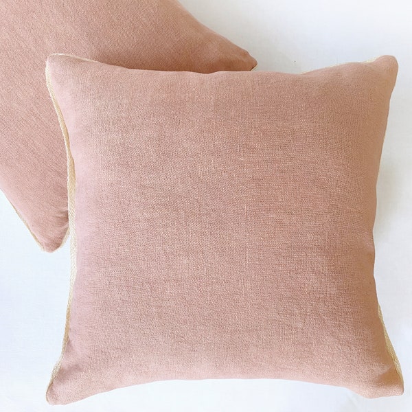 Light burnt orange pillow with trim, Cushion for luxe boho home decor, Salmon pink pillow cover, Blush linen pillows, Earthy coral cushion